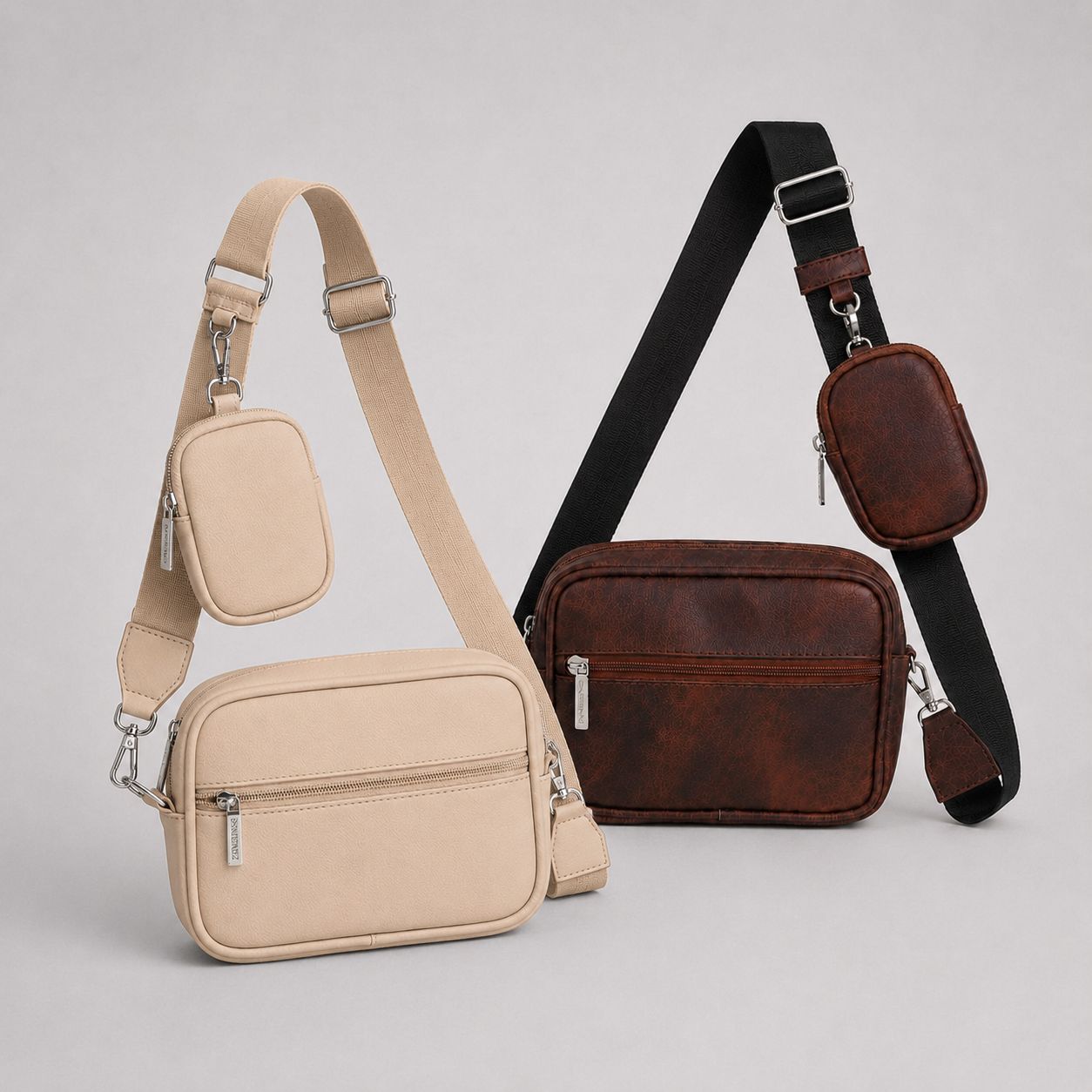 Combo Square Bag Beige y Brown en cuero vegano BYMENDEZ con monederos