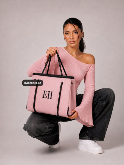 Bolso Tote Bag Pink personalizado con iniciales bordadas a mano, cuero vegano BYMENDEZ