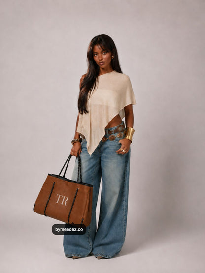 Bolso Tote Bag Brown personalizado con iniciales bordadas a mano, cuero vegano BYMENDEZ