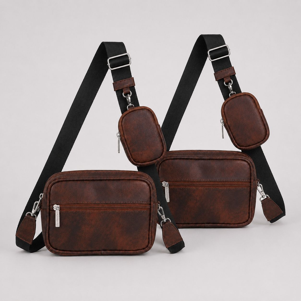 Combo de dos Square Bags Brown Texture en cuero vegano BYMENDEZ con monederos